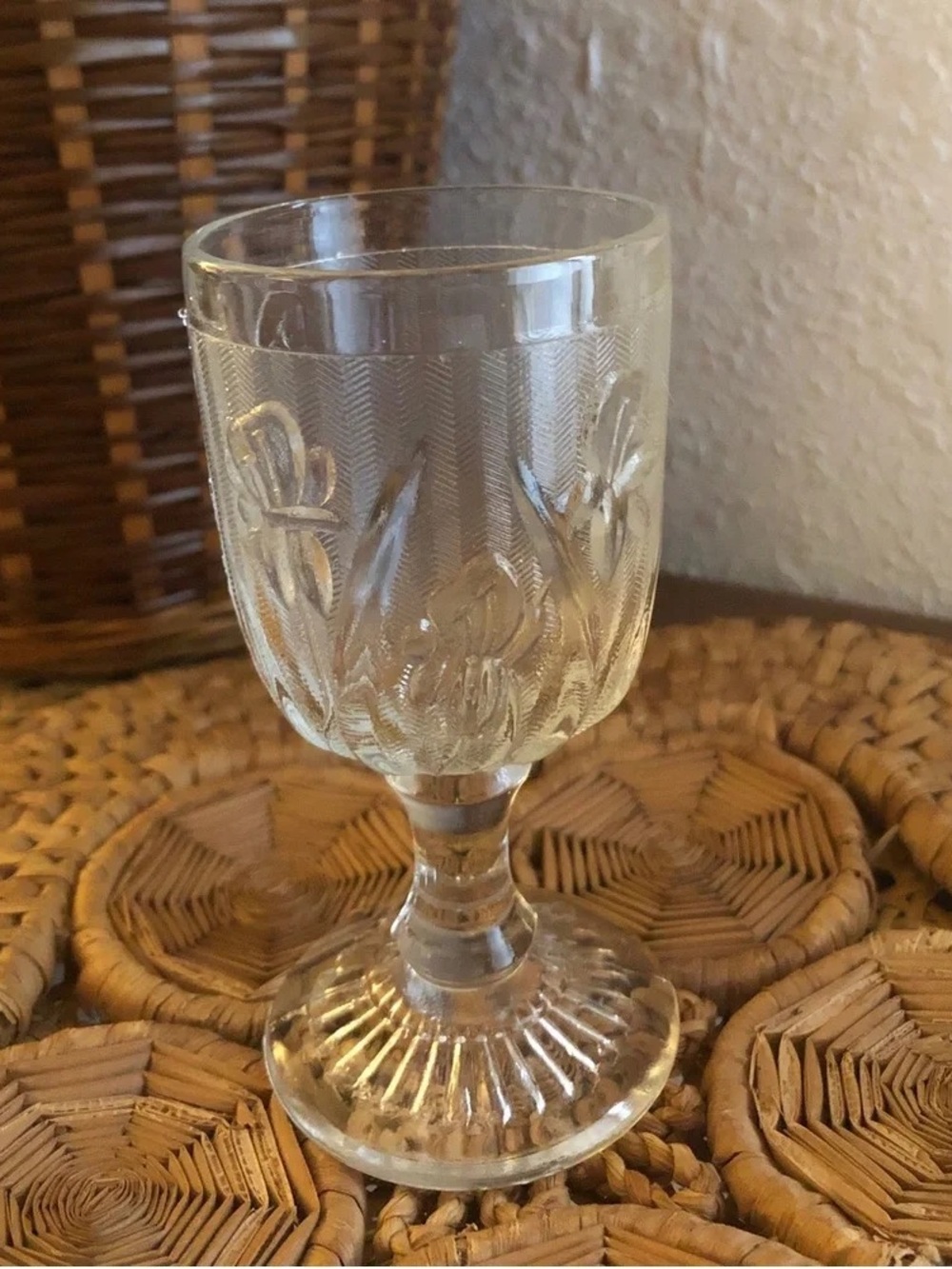 Pressed Glass Floral Goblet — Clear Stemware
